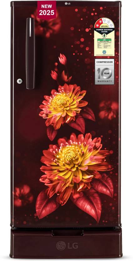 LG 185 L 2 Star Single Door Refrigerator with Direct Cool, Reciprocating Compressor, Fastest Ice Making, Base Stand with Drawer, Anti-Bacterial Gasket, and Toughened Glass Shelves (Scarlet Florance)-GL-D199OSFC