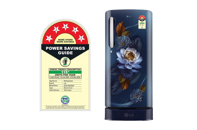 LG 185 L 5 Star, Single Door Refrigerator, Base Stand Drawer, Direct Cool, Smart Inverter Compressor, Blue Waterlilly (GLD1956ZABW.ABWZEBN)