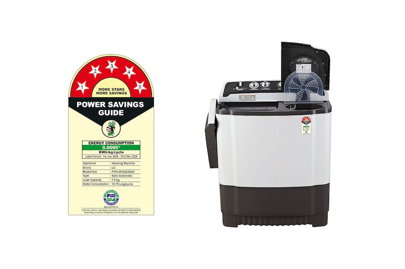 LG 7.5 kg 5-Star Semi-Automatic Top Load Washing Machine | Roller Jet Pulsator | Wind Jet Dry | 3 Wash Programs | In-Built Scrubber | Anti-Rat Plastic Base (P7510RGAZ.ADGQEIL, Dark Grey)