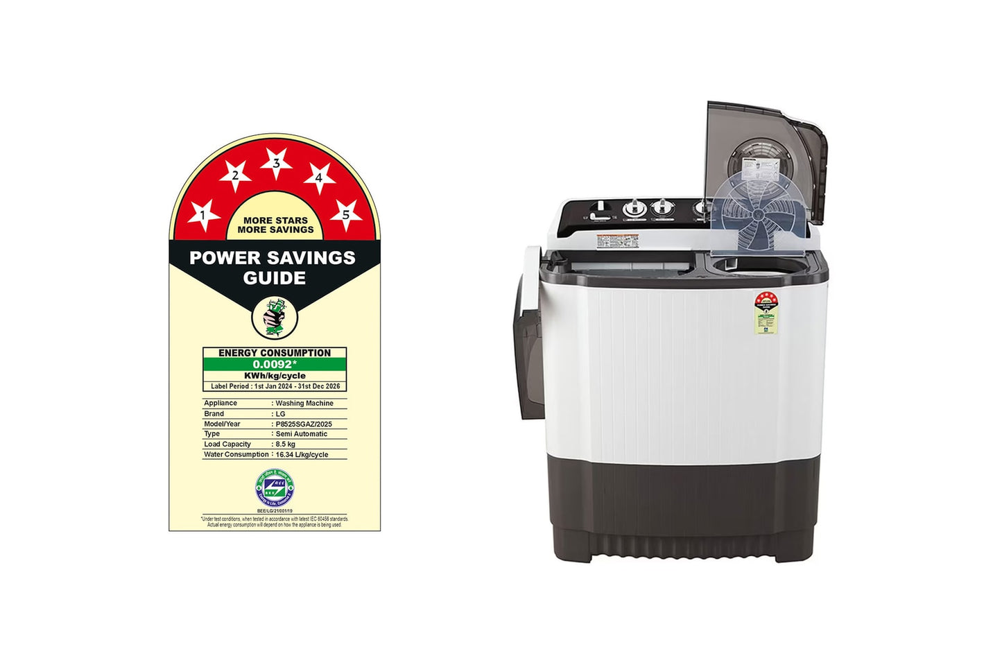 LG 8.5kg 5-Star Semi-Automatic Top Load Washing Machine, Roller Jet Pulsator, Rat Away Technology, Wind Jet Dry, Collar Scrubber, 6.0kg Spin Capacity, Rust Free Plastic Base, 4 Unidirectional Wheels (P8525SGAZ.ADGQEIL, Dark Grey)