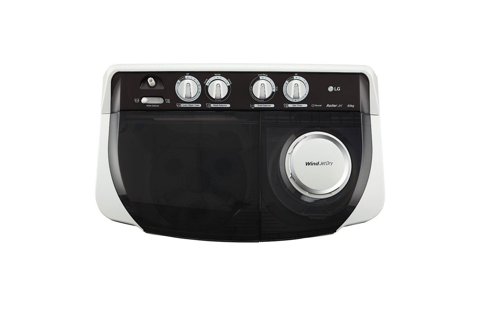 LG 8.5kg 5-Star Semi-Automatic Top Load Washing Machine, Roller Jet Pulsator, Rat Away Technology, Wind Jet Dry, Collar Scrubber, 6.0kg Spin Capacity, Rust Free Plastic Base, 4 Unidirectional Wheels (P8525SGAZ.ADGQEIL, Dark Grey)