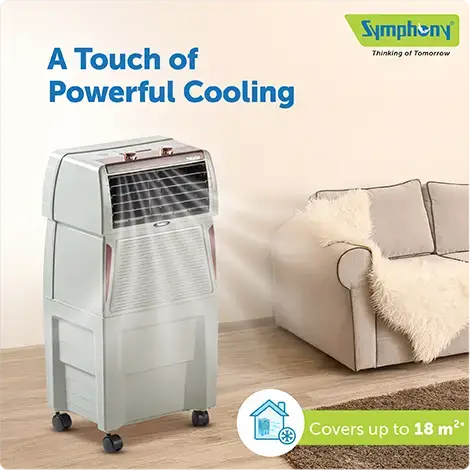 SYMPHONY TOUCH 50 Air Cooler| 185W Power Consumption | Suitable for Rooms up to 18 m² | Auto Louver Movement | Efficient Blower | Honeycomb Cooling Pads | Cool Flow Dispenser | Compact Design (97 cm Height) | Durable Engineering Plastic Body
