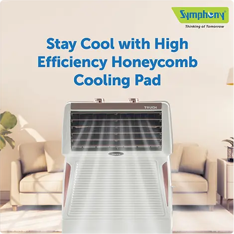 SYMPHONY TOUCH 50 Air Cooler| 185W Power Consumption | Suitable for Rooms up to 18 m² | Auto Louver Movement | Efficient Blower | Honeycomb Cooling Pads | Cool Flow Dispenser | Compact Design (97 cm Height) | Durable Engineering Plastic Body
